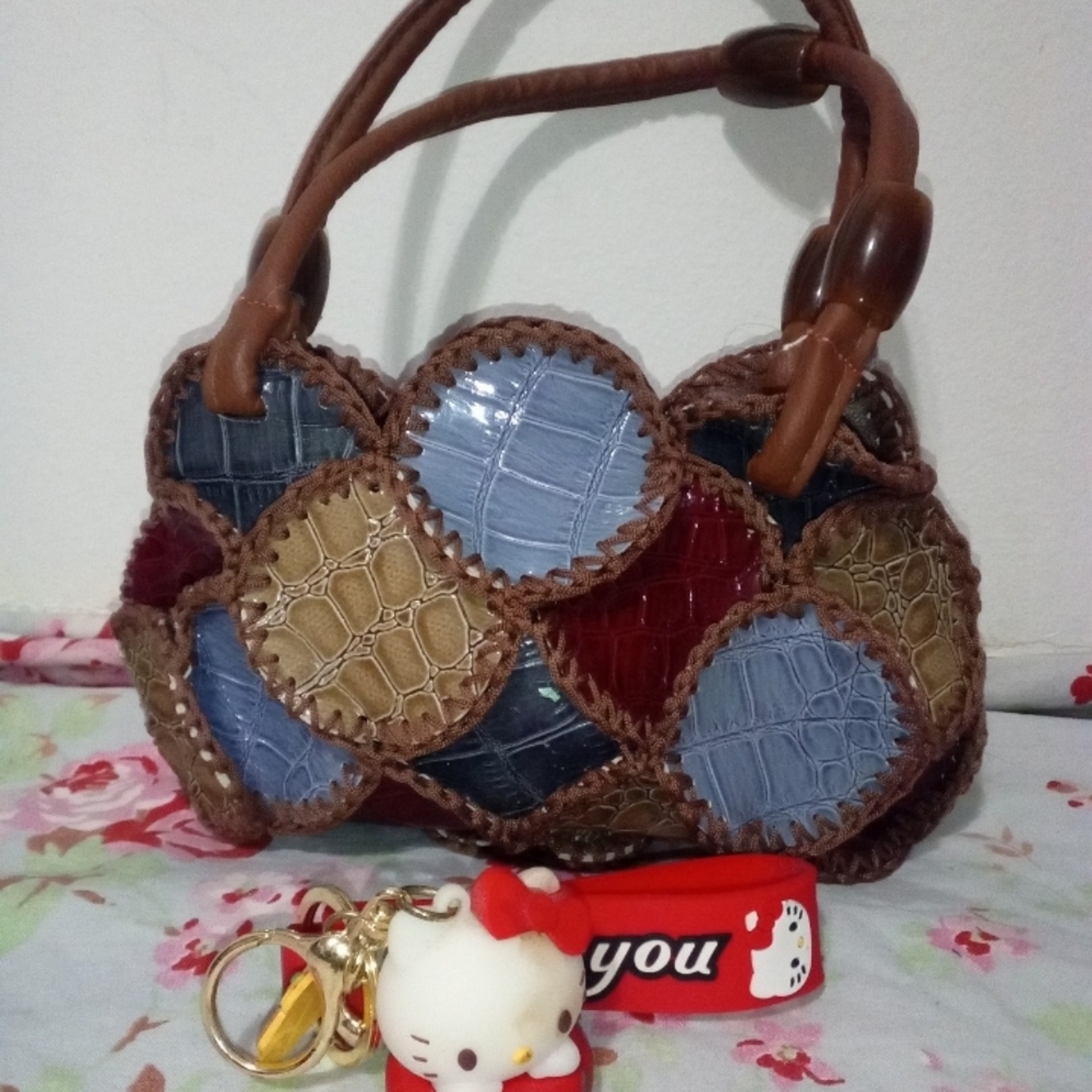 Patchwork Handbag - Brown, Blue, Red - image 2